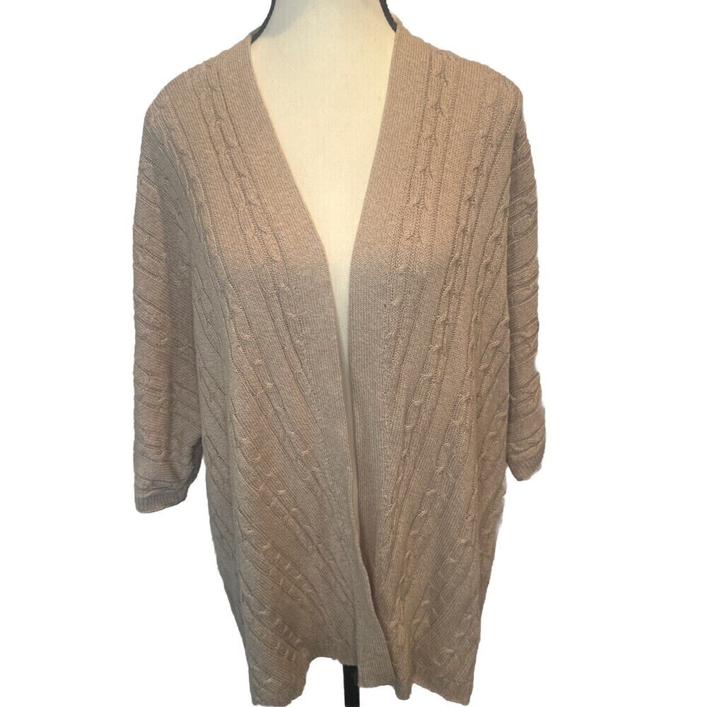 J. Jill TAN BEIGE Cable Knit Open Front Cardigan 3/4‎ Sleeves  Petite XL